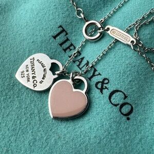 Tiffany & Co. Double Heart Silver Necklace with Pink Heart Pendant